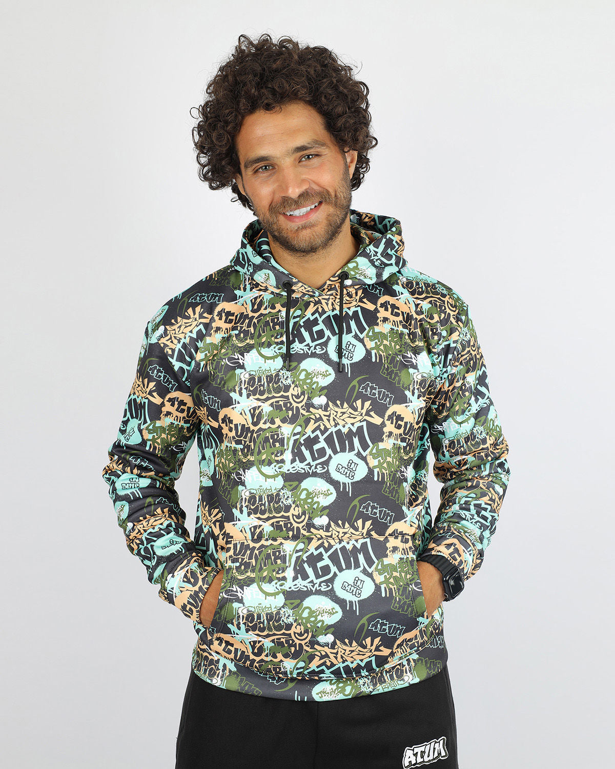 Allover Printed Black Hoodie-Atum -26802579