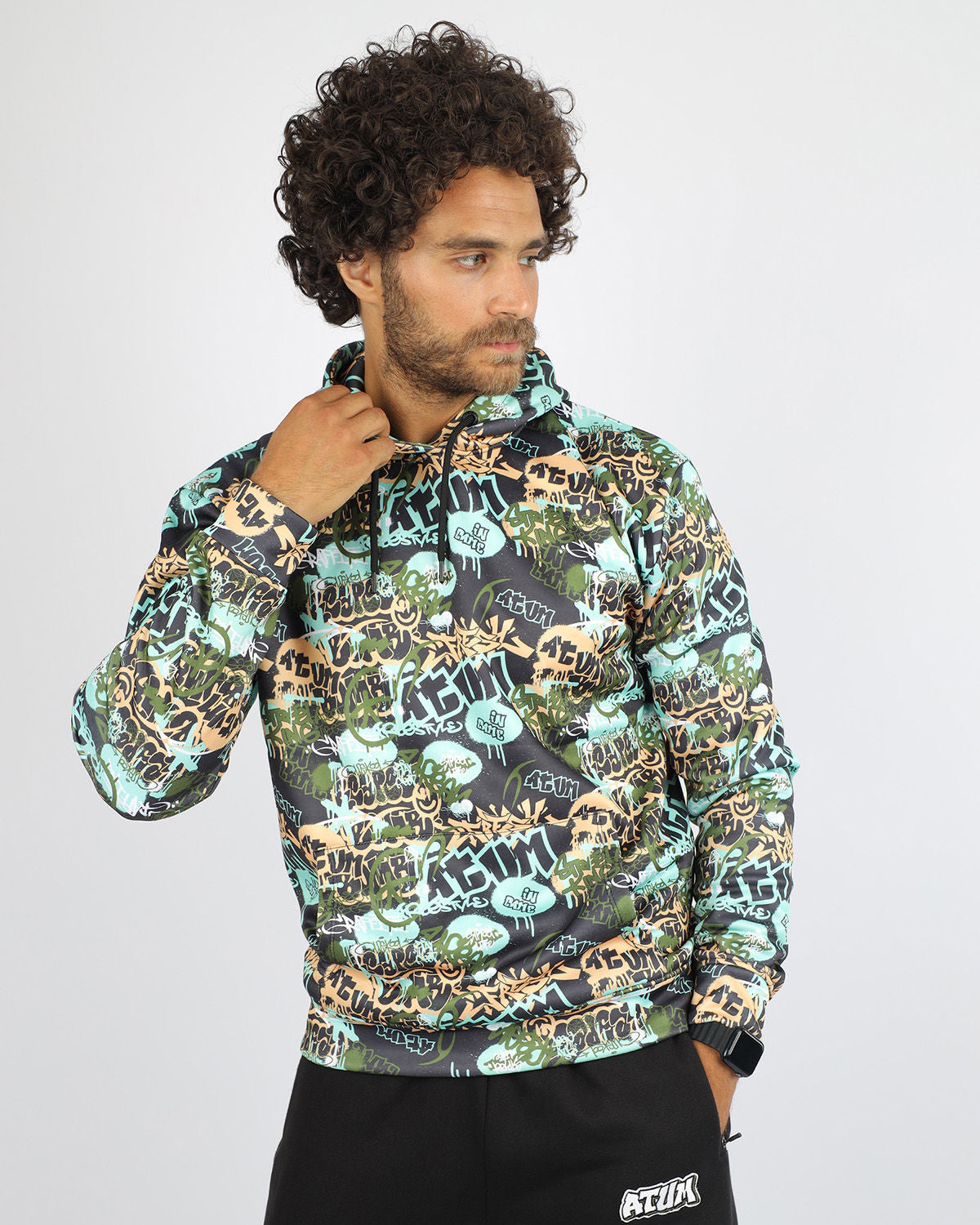 Allover Printed Black Hoodie-Atum -56117649