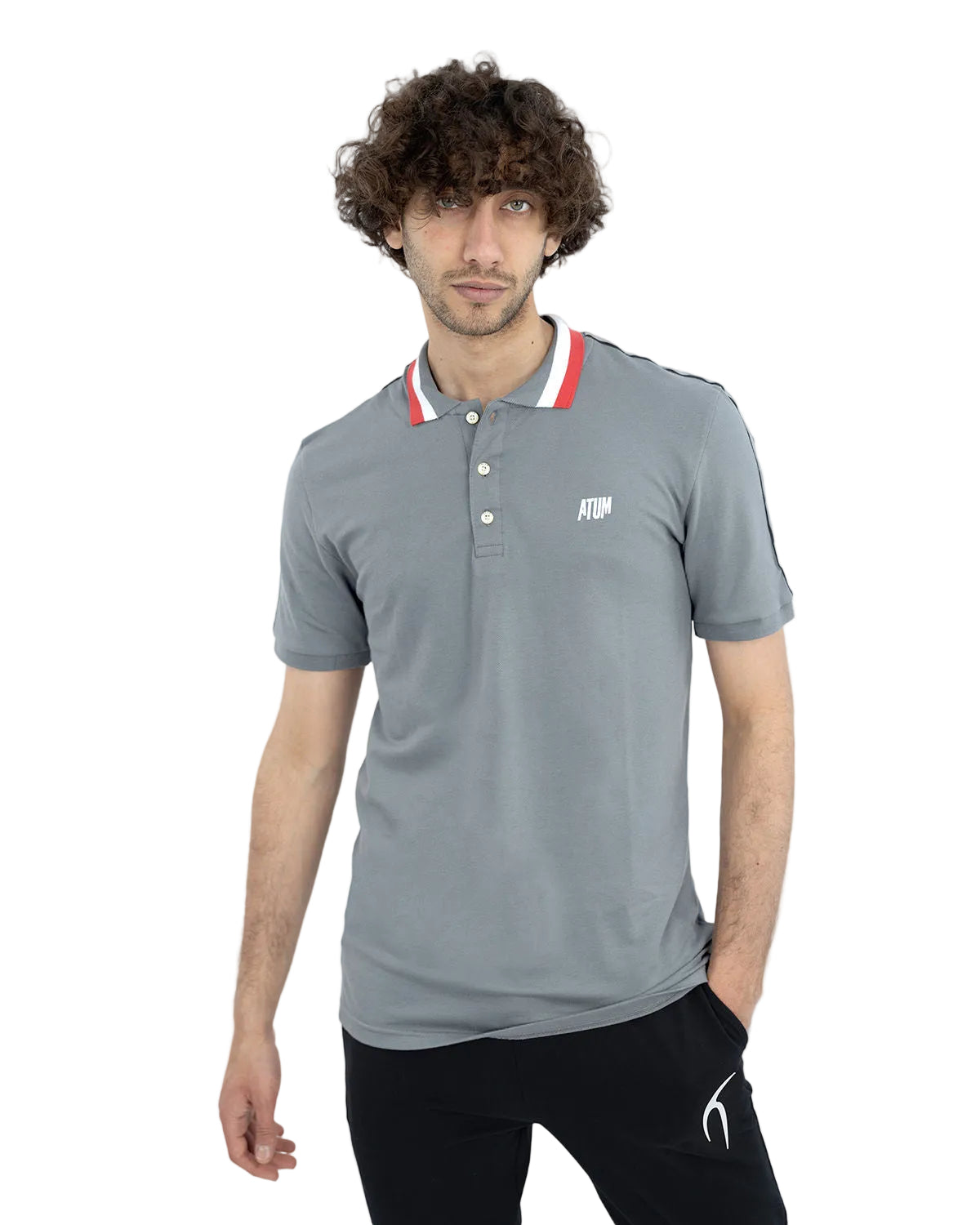 Stripped Neck Gray Polo Shirt-Atum -77223357