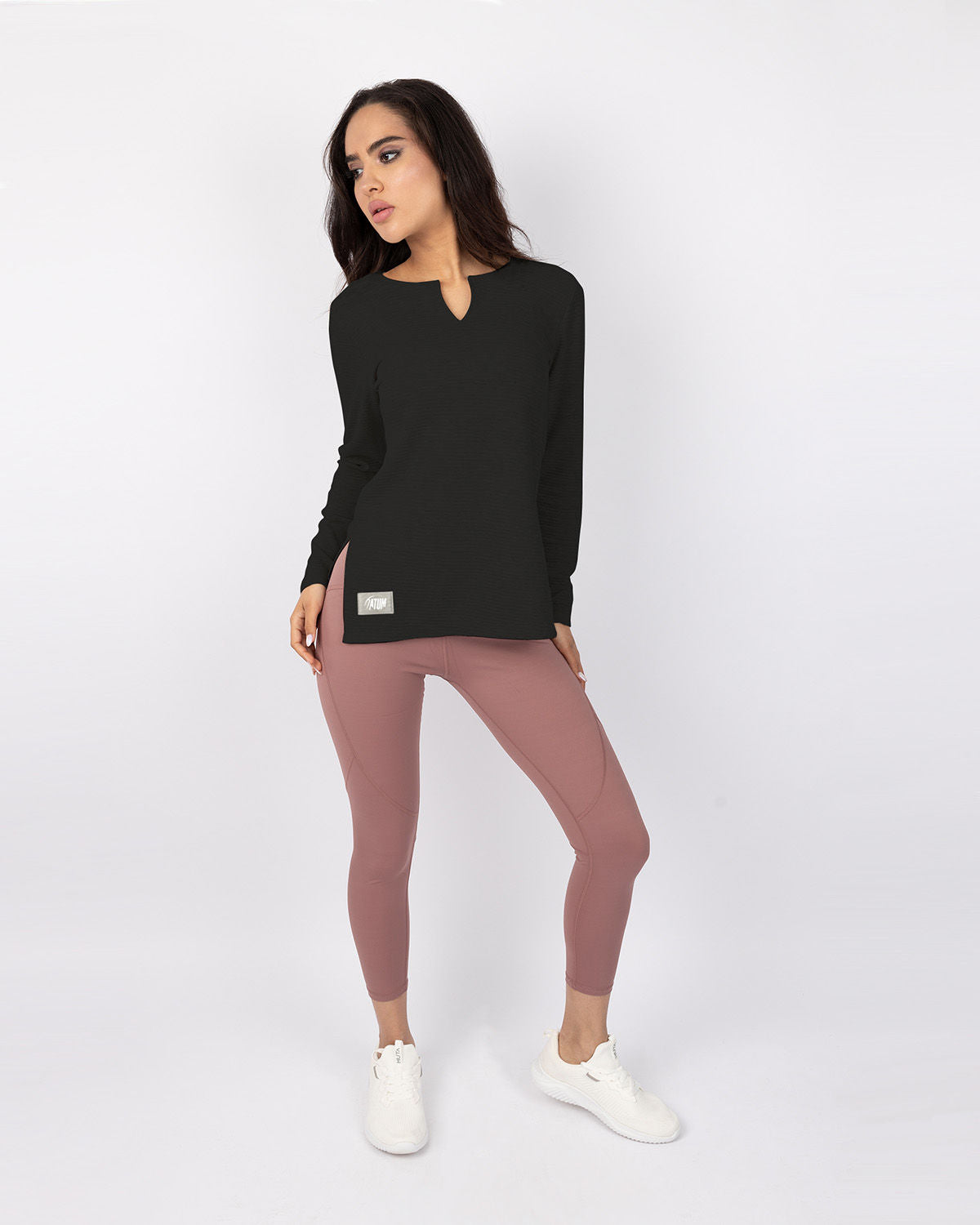 Cotton Rib Long Sleeve Black T-Shirt-Atum -91083355