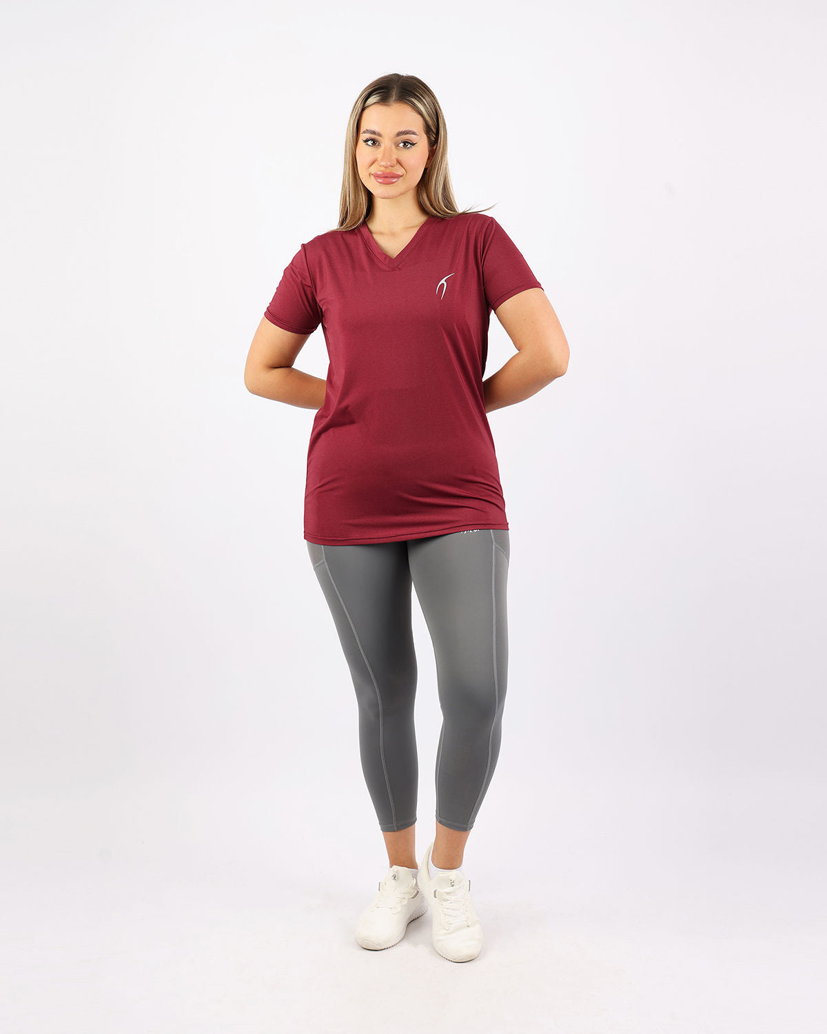 V Neck Training Burgundy Top-Atum -30376398