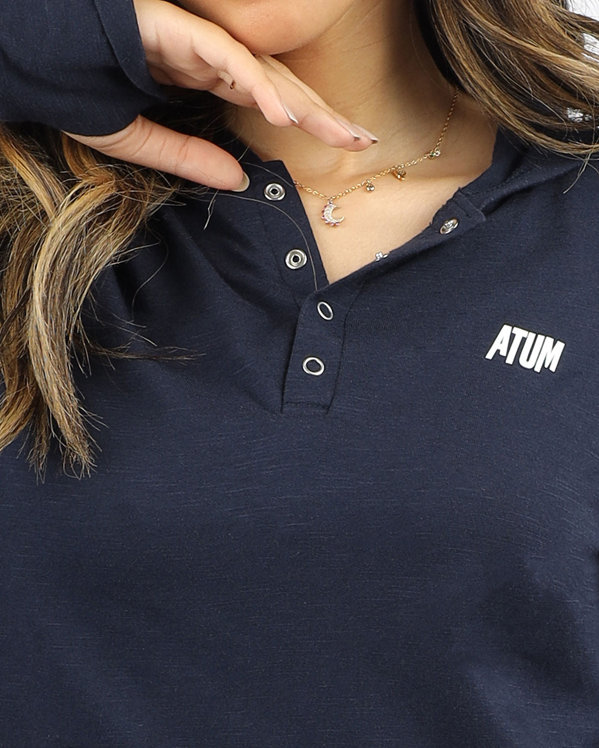 Women's Hooded Navy T-Shirt-Atum -19631330