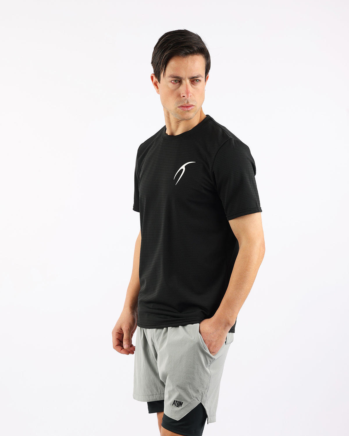 Crew Neck Short Sleeve Black Athletic Top-Atum -18806572