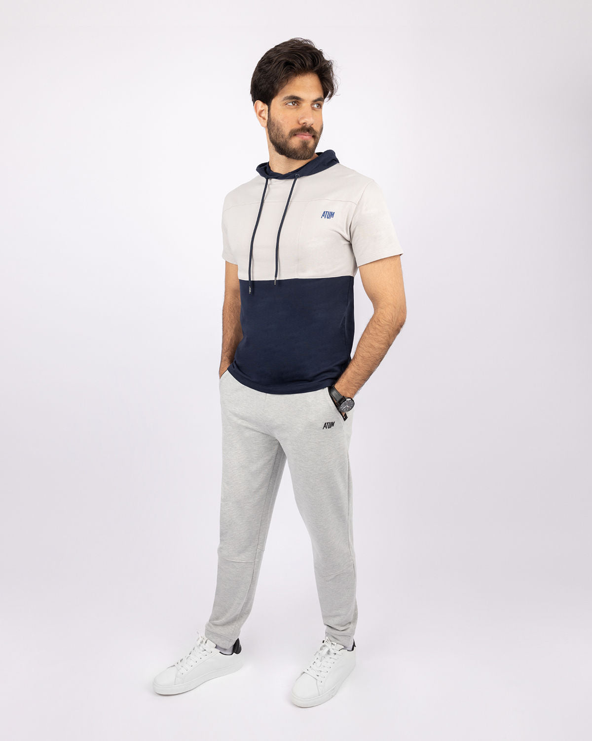 Half Sleeve Light Gray Hoodie-Atum -78502794