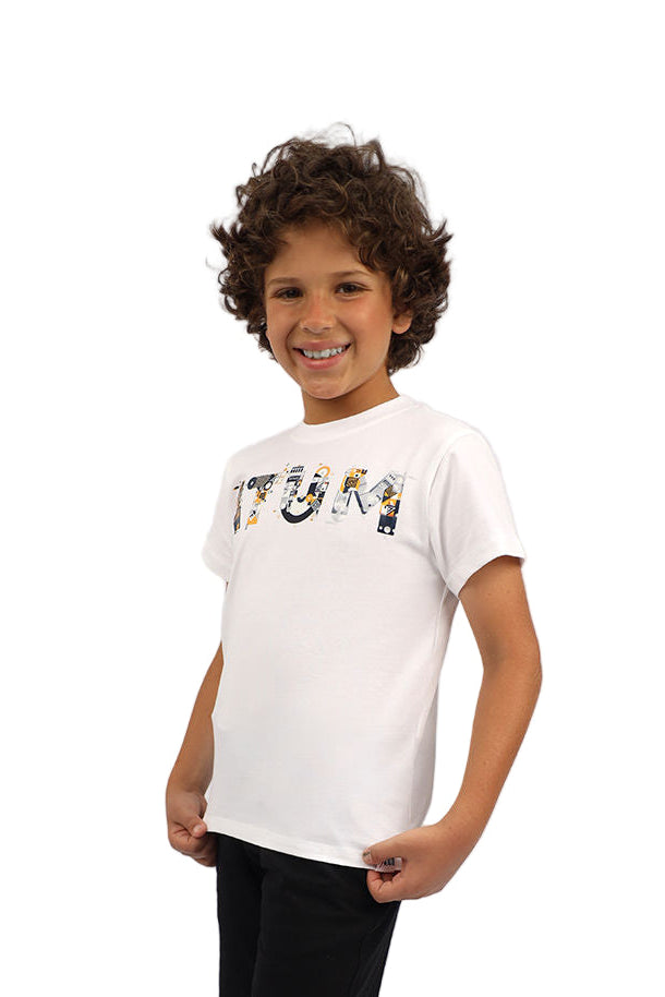 Child wearing a white t-shirt with graphics and black shorts on a white background