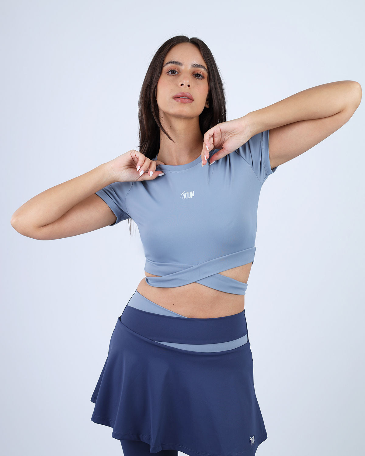 Twisted Short Sleeves Blue Crop Top-Atum -86059544
