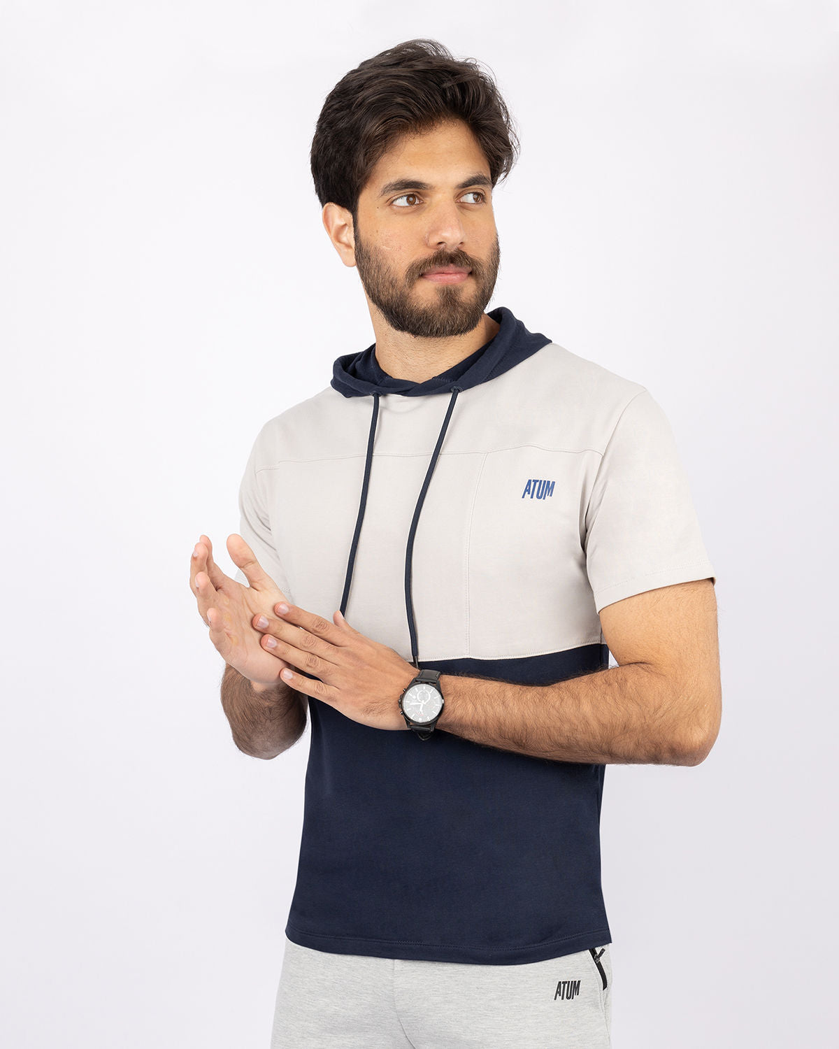 Half Sleeve Light Gray Hoodie-Atum -19148807