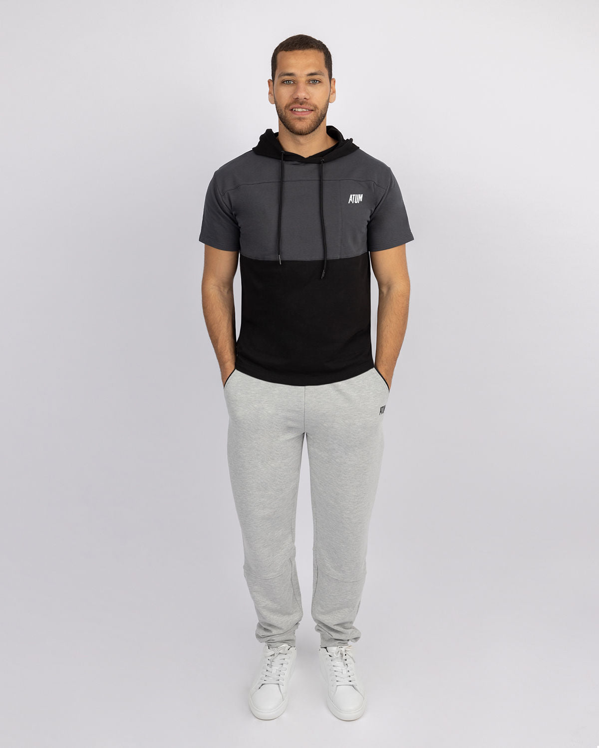 Half Sleeve Gray Hoodie-Atum -11435236
