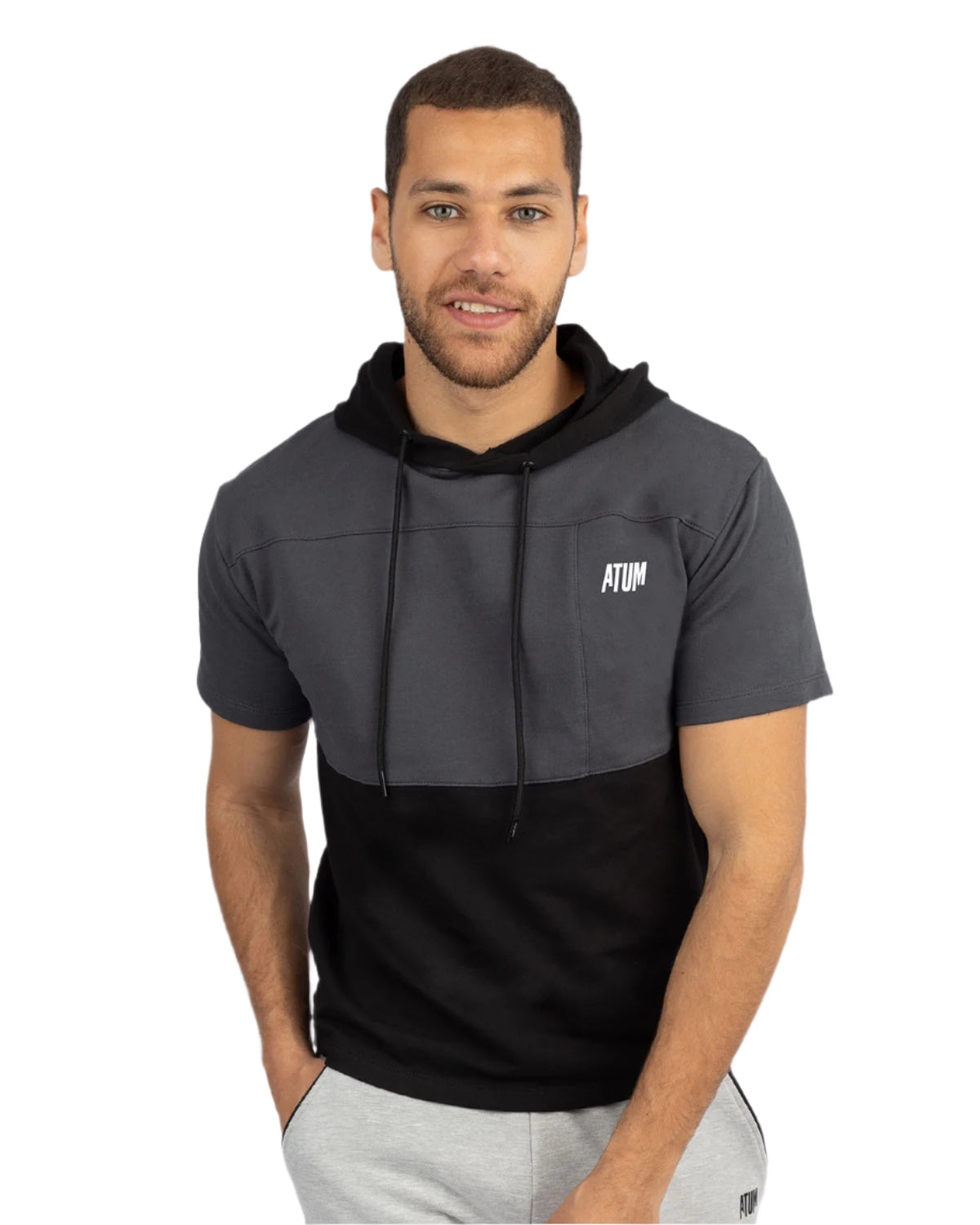 Half Sleeve Gray Hoodie-Atum -46524968