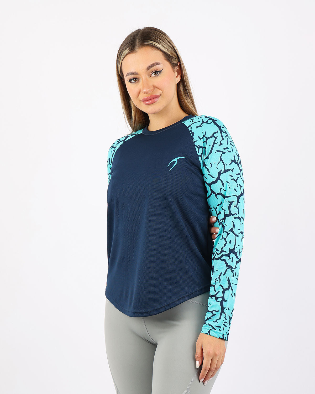 Crew Neck Long Sleeve Turquoise Top-Atum -68925540
